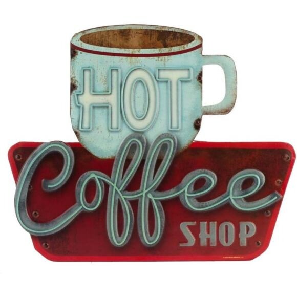 Hot Coffee Shop Embossed Metal Sign - Vintage Diner Coffee Sign for Kitchen - Picture 1 of 8